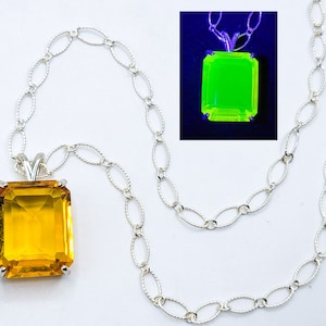 Sterling Uranium Glass Necklace Large Emerald Cut Pendant 925 Silver