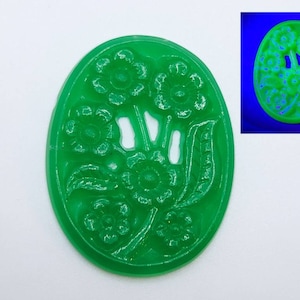 Large 36x28mm Uranium Glass Cabochon Vintage Green Floral Pressed Glass 1930s Czech