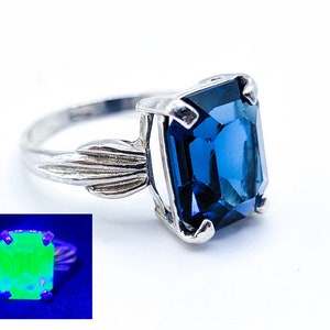 Sterling Blue Uranium Glass Ring Rare Sapphire Color Art Deco Emerald Cut 925 Silver