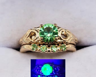 14k Wedding Uranium Glass Ring Set Green Yellow Gold