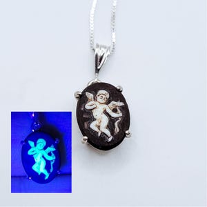 Sterling Cupid Uranium Glass Cameo Necklace Antique Custard Glass Black White 925 Silver