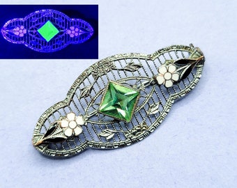 1930s Art Deco Uranium Glass Brooch Vintage Filigree Enamel