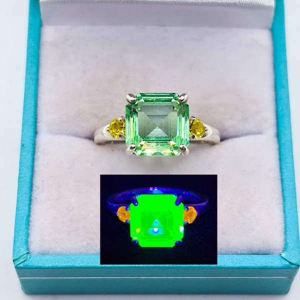 Sterling Uranium Glass Ring Asscher Cut Cadmium Glass Accents 925 Silver