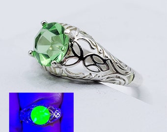 Sterling Uranium Glass Ring Art Nouveau Filigree 925 Silver