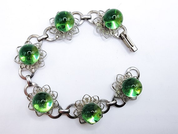 Uranium Glass Bracelet Green Marble Silver Tone F… - image 7
