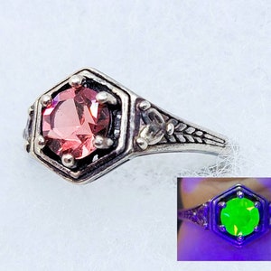 Sterling Pink Uranium Glass Ring Edwardian Style 925 Silver