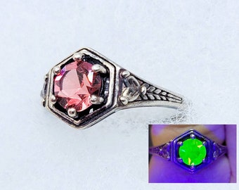 Sterling Pink Uranium Glass Ring Edwardian Style 925 Silver