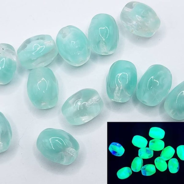 Mint Uranium Glass Beads Floral Czech Pressed Glass 9x7mm 10pcs B3