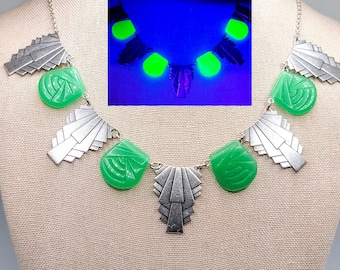 Art Deco Uranium Glass Necklace 1930s Opaline Pressed Glass Czech Beads