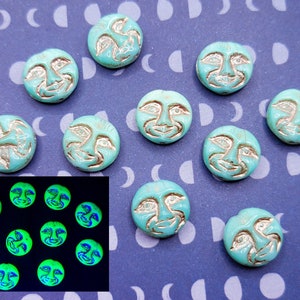 Moon Face Uranium Glass Beads Blue Silver Wash 13mm 10pcs E8