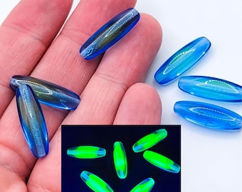 Long Blue Uranium Glass Beads 22x8mm Czech 6pcs
