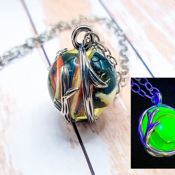 925 Swirl Marble Uranium Glass Necklace Long Pendant Handmade Glass Vine Wrapped Sterling Silver