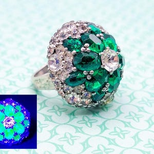 Vintage Sterling Uranium Glass Ring Rhinestone Bombe Dark Green 925 Silver Size 6