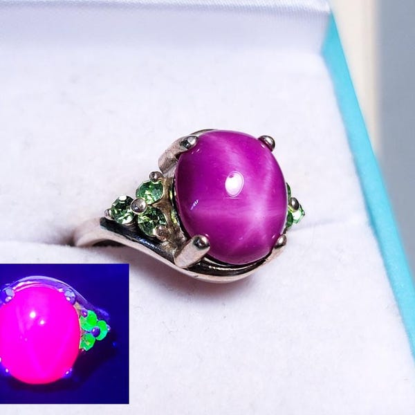 Sterling Star Ruby and Uranium Glass Ring UV Red and Green 925 Silver