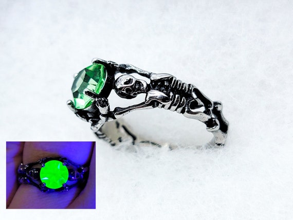 Uranium Glass Skeleton Ring Stainless Steel Green