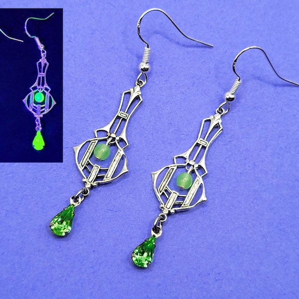 Art Deco Uranium Glass Earrings Green Silver Plated Geometric