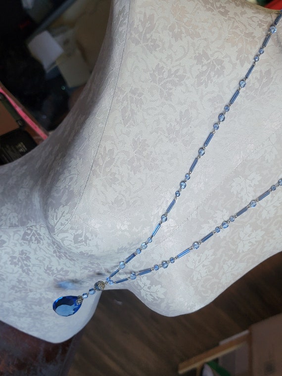 Vintage Czech Long Blue Necklace 1930s Brass Fili… - image 5