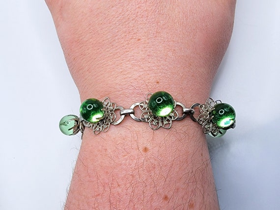 Uranium Glass Bracelet Green Marble Silver Tone F… - image 5