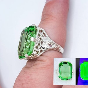 Sterling Uranium Glass Ring Large Emerald Cut Filigree 925 Silver