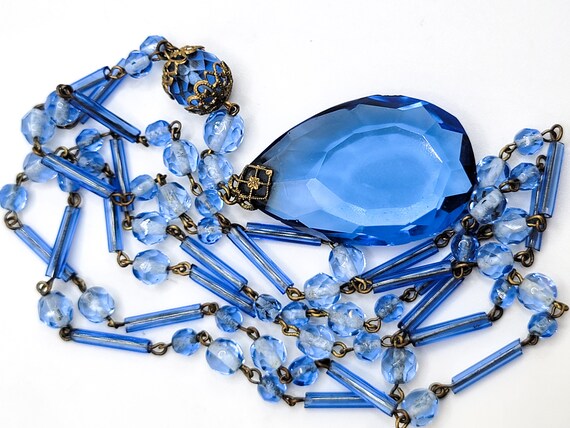Vintage Czech Long Blue Necklace 1930s Brass Fili… - image 4