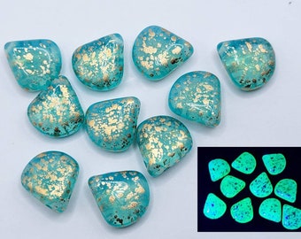 Briolette Uranium Glass Beads 12x11mm Aqua Blue Opaline Gold Finish 10pcs Czech