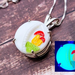 Sterling Mushroom Uranium Glass Necklace Custard Glass Button Pendant 925 Silver