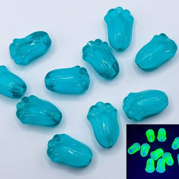 Tulip Uranium Glass Beads 12x8mm Teal Czech Pressed Glass Beads 10pcs C4
