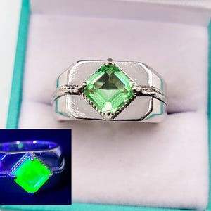 Men&#39;s Sterling Uranium Glass Ring Unisex Square Cut Rope Design 925 Silver