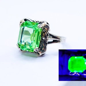 Sterling Uranium Glass Ring Emerald Cut Framed Filigree 925 Silver