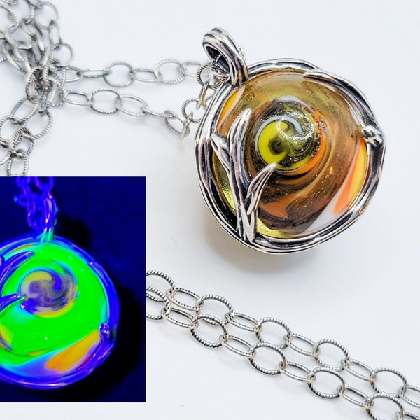 Glitter Swirl Marble Uranium Glass Necklace Long Pendant Handmade Glass Vine Wrapped 925 Sterling Silver