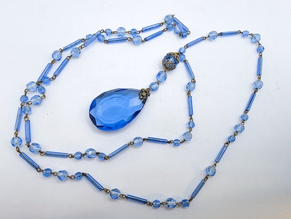 Vintage Czech Long Blue Necklace 1930s Brass Fili… - image 1