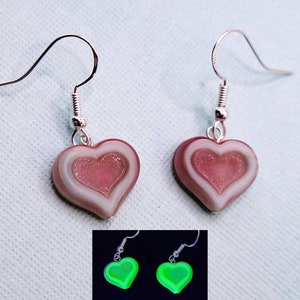 Sterling Uranium Glass Earrings Large Pink Heart 925 Silver