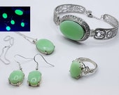Sterling Jadite Uranium Glass Jewelry Set 925 Silver Jeanette McKee Jadeite Glass Ring, Earrings, Necklace, Bracelet