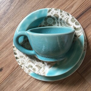 Crochet Acqua Blue Breakfast set, Modern Ceramic Plate, bowl, cup, Handmade Dinnerware, Handmade pottery plate, MumGaya Ceramics