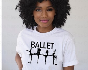 May include: White t-shirt with the word "BALLET" printed in black. The shirt features a graphic of four black silhouettes of ballerinas in various poses.