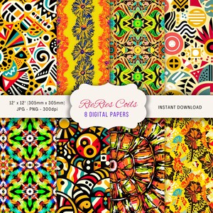 May include: A collection of eight digital papers, each with a unique, vibrant pattern. The designs feature bold geometric shapes, floral motifs, and abstract art in a variety of colors, including yellow, red, and black. Each paper measures 12 x 12 inches (305mm x 305mm).