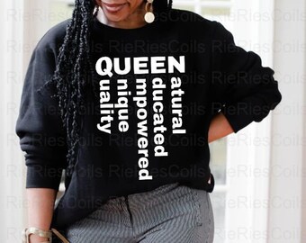 Diseño de arte de palabras de QUEEN, de calidad, único, educado, empoderado, cabello natural, Black Lives Matter 2, que se puede descargar en formato Jpg, Png y SVG.