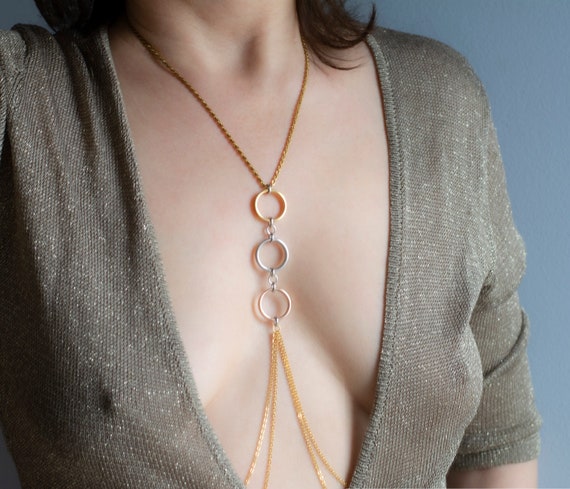 Gold O ring Necklace to Nipple With Tricolor Rings Stainless