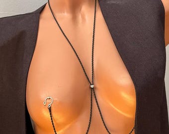 Collar de cadena de pezón retorcida negra, joyería corporal sin perforaciones con cuentas móviles individuales, para mujeres maduras