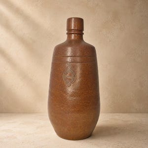 May include: A tall, cylindrical brown stoneware bottle with a textured, speckled finish. The bottle features a narrow neck with a distinct rim and a circular embossed seal on the front body containing intricate lettering and a central graphic design.