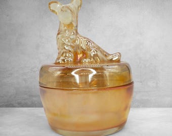 Jeanette Scottie Dog Marigold Lustered Candy Trinket Dish Iridescent Carnival Glass