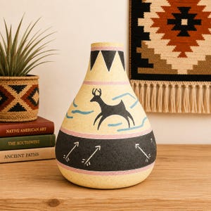 May include: A cream-colored ceramic vase with a tapered neck and rounded base. The design features a black silhouette of a leaping deer, light blue wavy lines, and a wide black band at the bottom decorated with white arrows and pink horizontal stripes.