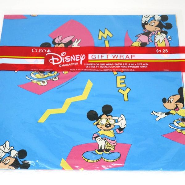 Vintage Disney Mickey Mouse & Minnie Skateboard Cleo Wrapping Paper Gift Wrap (2 Sheets) Birthday, Holiday, Party Supplies, Scrapbook