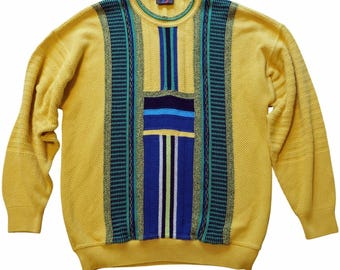 Vintage 90er Jahre BAFFO Italien Strickpullover Rundhalspullover Herren Große Coogi Style Abstrakt Strukturiert