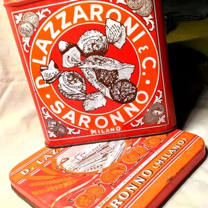 Vintage Italian Cookie Tin ~ D Lazzaroni & C Saronno Milano Amaretti Biscotti Cannister ~ Empty Tin Only ~ No Cookies Included