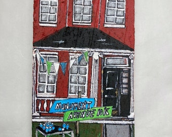 Fan Brick 10K. Hand painted brick inspired by Richmond, Virginia Fan District houses 3.5" x 7.75" x 1.25" Felt backing.