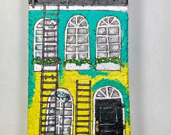 Fan Brick Painted House. Hand painted brick inspired by Richmond, Virginia Fan District houses 3.5" x 7.75" x 1.25" Felt backing.