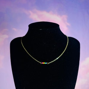 Dainty Rainbow Pride Necklace – Seed Bead LGBTQ+ Bar Charm on Gold/Silver Chain | Subtle Queer Accessory Gift