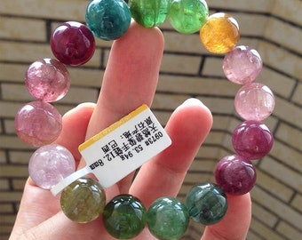 16 mm 希少認定本物マルチカラートルマリンビーズブレスレット、高品質