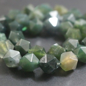 Moss Agate Faceted Nugget Beads,6mm/8mm/10mm/12mm Faceted Moss Agate Star Cut Nugget Beads,15 inches one starand